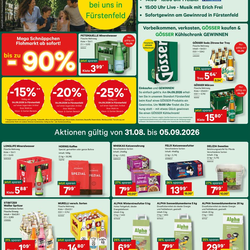 A promotional flyer for Fürstenfeld with discounts up to 90% on various products, including beverages, food, and pet supplies. The flyer also features a contest to win a Gösser fridge. The discounts are valid from August 31, 2026, to September 5, 2026.