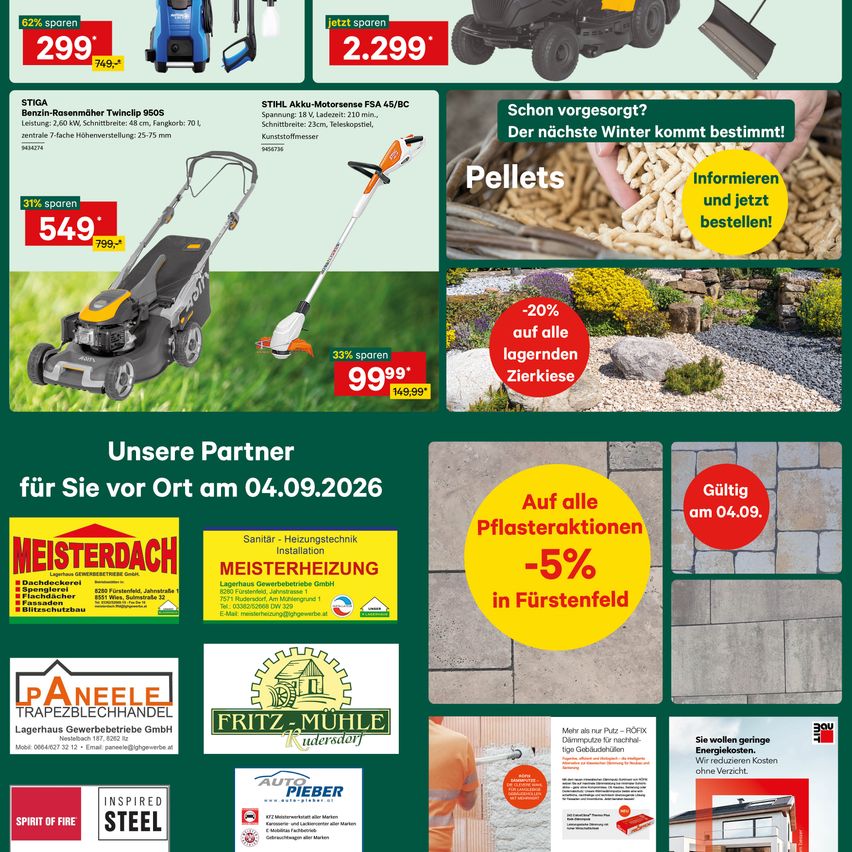 A promotional poster for a store with various products on sale, including a lawn mower, a Stihl Akku-Motorsense, and pellets. The poster also features discounts and partner logos.