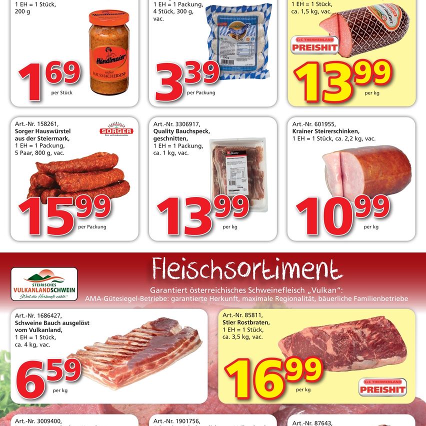 An advertisement for various meat products with prices and product numbers. Items include sausages, bacon, and ham. Each item has a price per unit and a total weight. The ad emphasizes guaranteed Austrian origin.