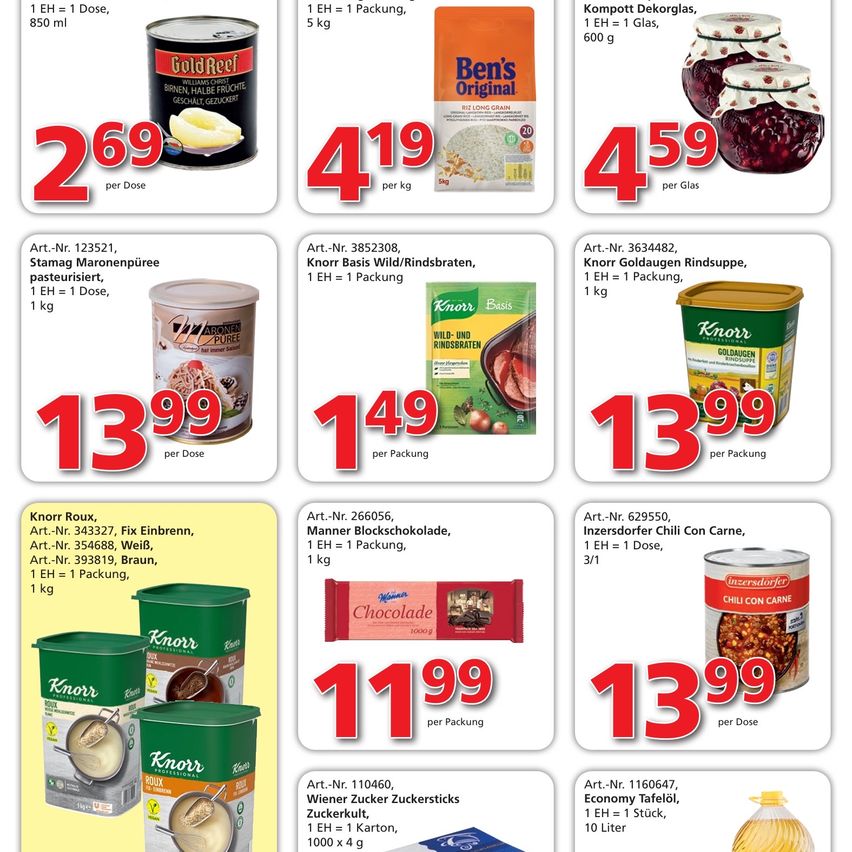 An advertisement for various food products, including canned goods, pasta, and rice, with prices and quantities listed.