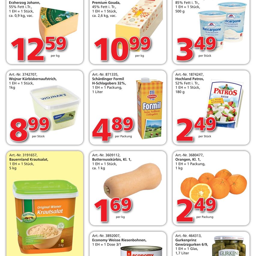 A promotional image for various food products, including cheese, yogurt, and vegetables, with prices and nutritional information displayed.