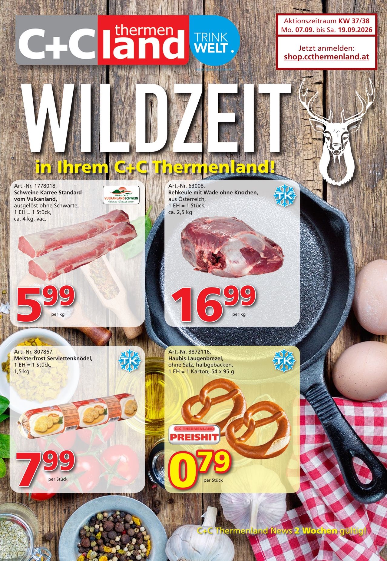 Advertisement for wild game meats in C+C Thermenland, featuring various cuts of meat with prices per kilogram. Includes pork chops, deer shank, and pretzels.