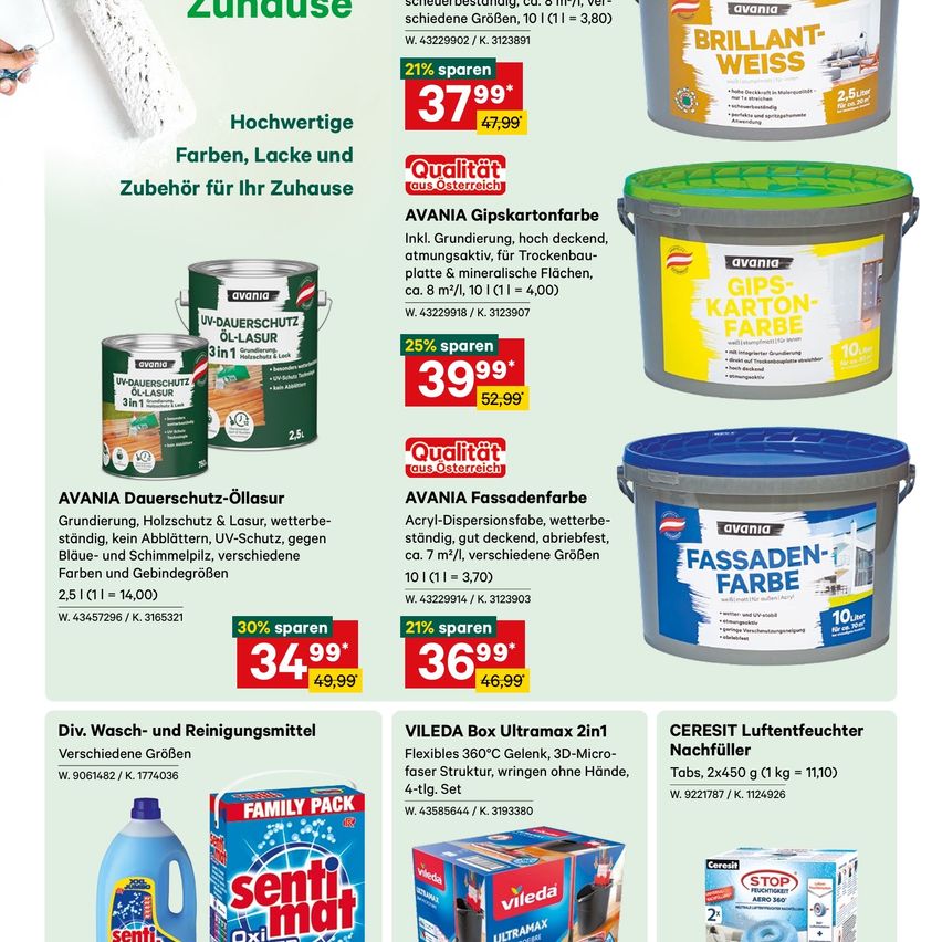 Werbung für AVANI-Farbprodukte, einschließlich UV-Schutz, wetterbeständig und verschiedene Farben. Es werden Ersparnisse und Produktspezifikationen hervorgehoben.