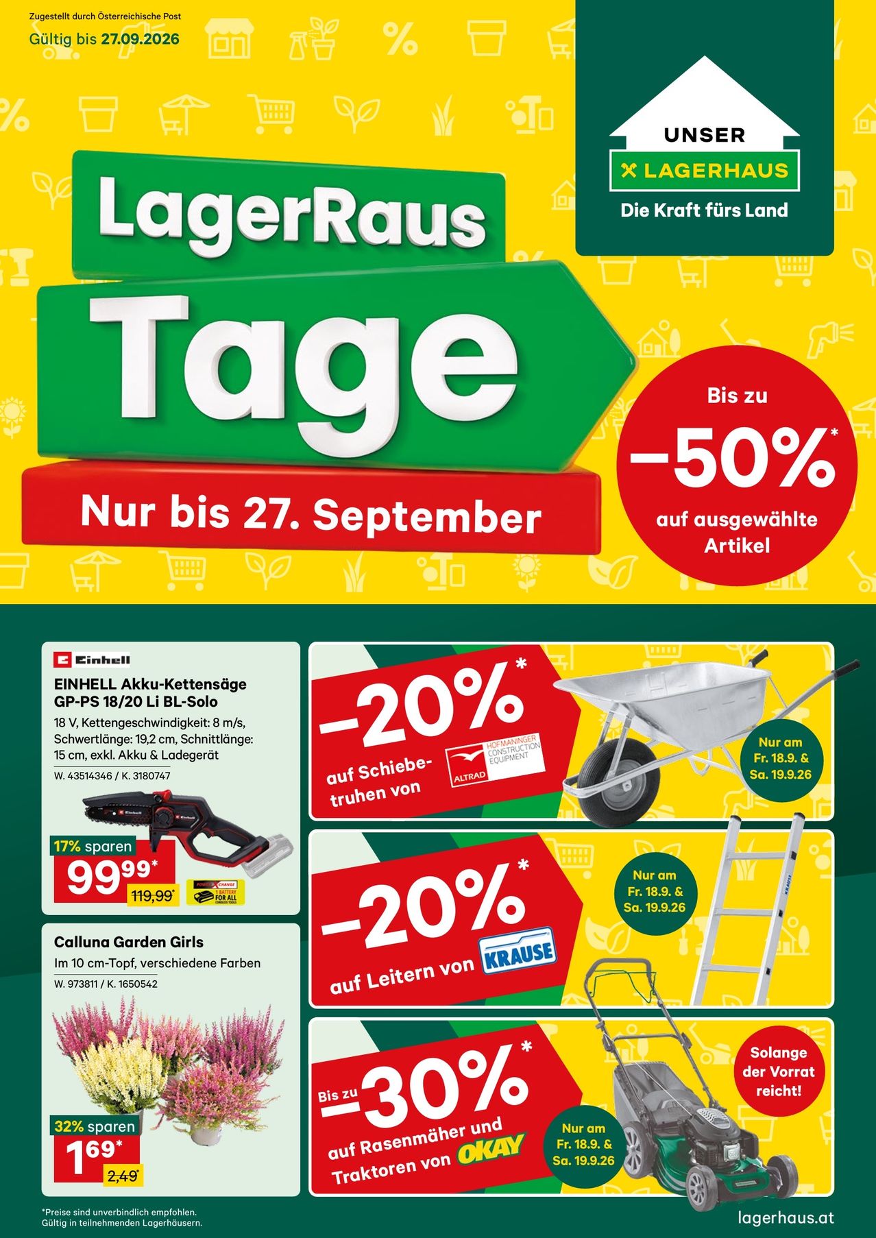 Werbeanzeige für LagerRausch-Event mit Rabatten bis zu 50% auf ausgewählte Artikel, gültig bis zum 27. September. Beinhaltet Details zu einem Akku-Kettensäge und anderen Gartenwerkzeugen.