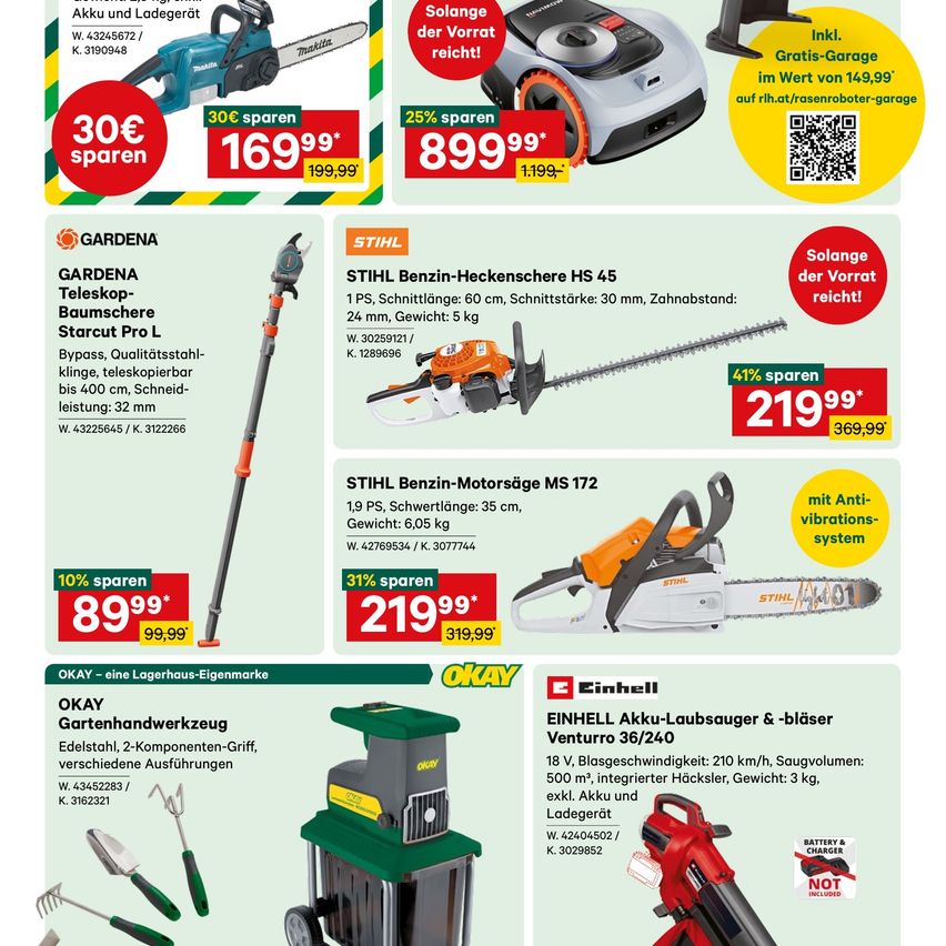 Werbung für verschiedene Gartengeräte, einschließlich Kettensägen und Heckenscheren, mit Preissenkungen und Produktspezifikationen. Die Anzeige zeigt verschiedene Marken und Modelle und hebt Ersparnisse und Funktionen hervor.