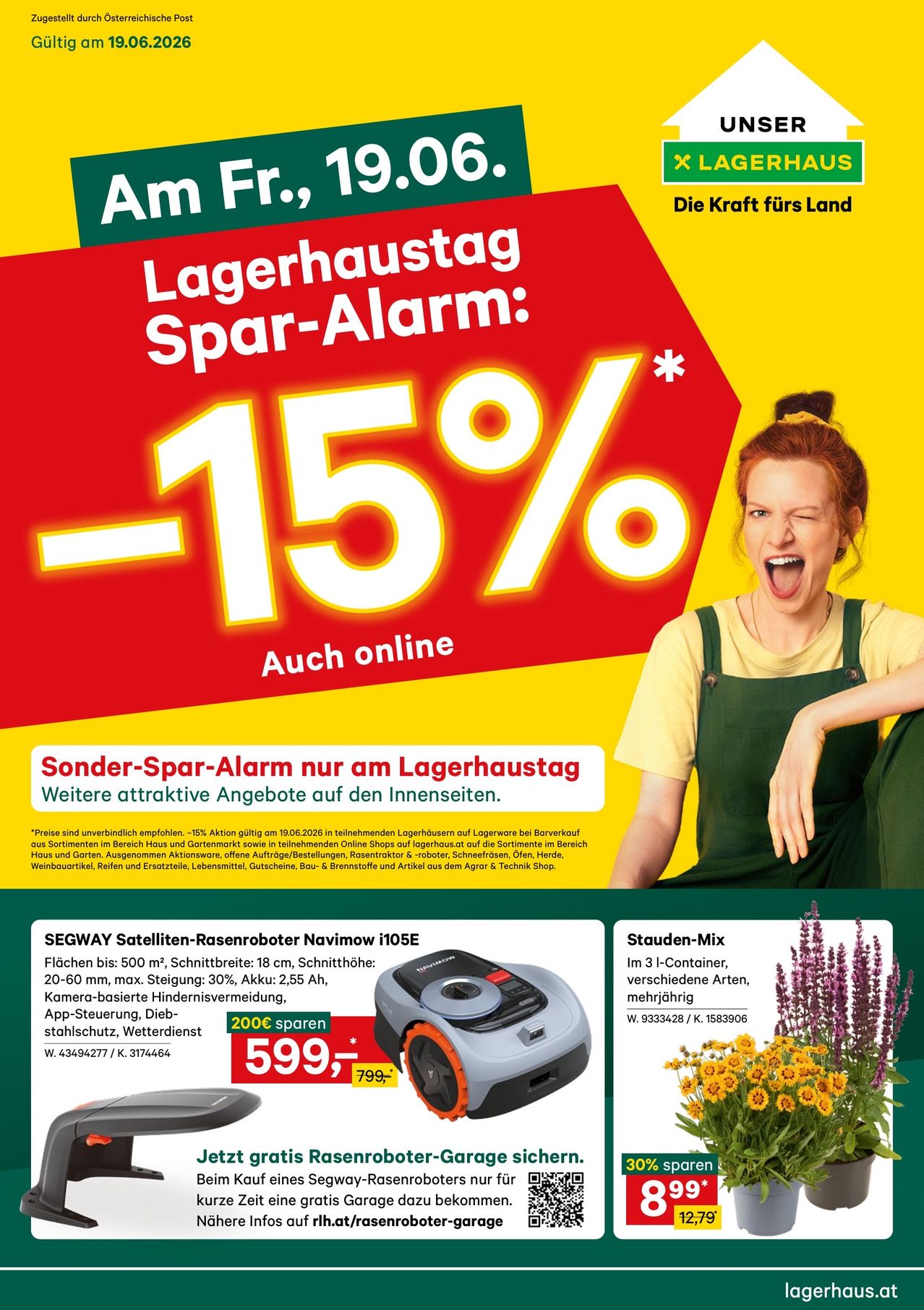 A poster advertises a 15% discount for a lawnmower on Lagerhaus day, featuring a woman in overalls. The poster includes details about the sale and additional offers.