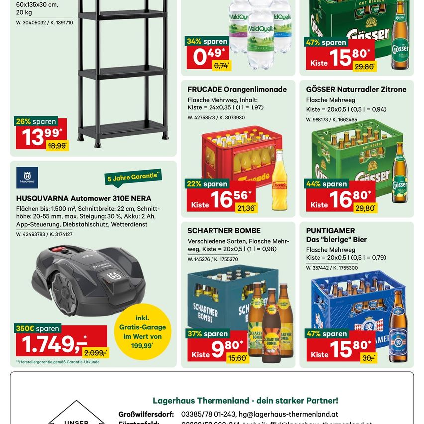 Advertisement with product listings including a lawn mower, orange lemonade, and beer. Lawn mower has 5-year warranty. Lemonade and beer offers with prices and savings. Beer box offers with prices and savings.
