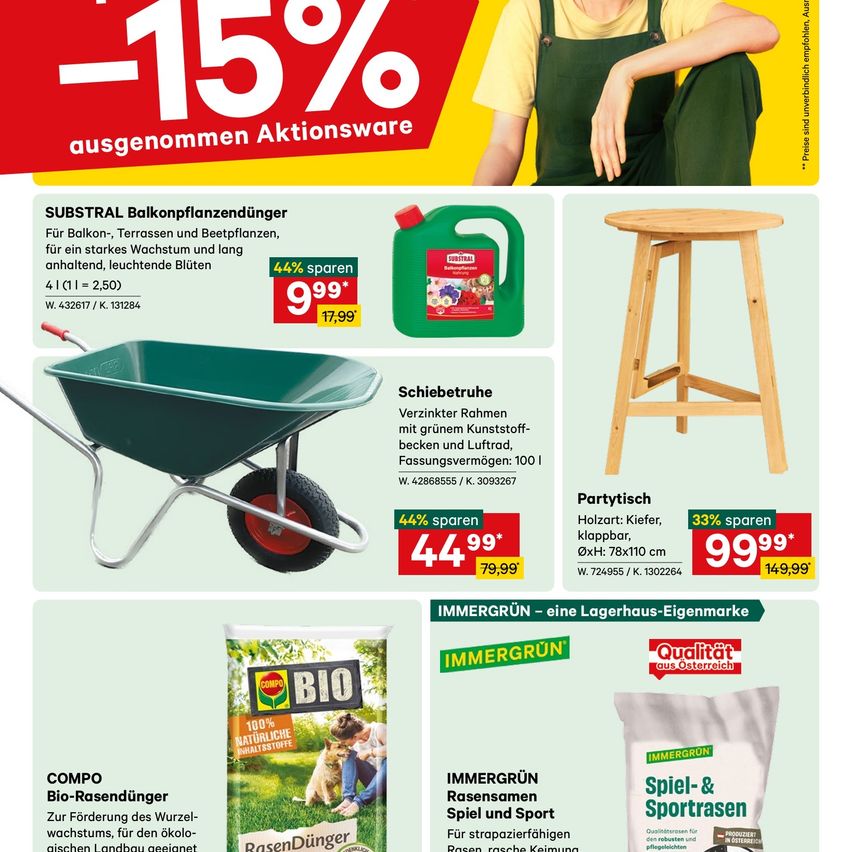 An advertisement for various gardening products. A wheelbarrow and a stool are shown. It includes discounts on products like fertilizers and mulch. It also mentions a promotion for a specific brand of mulch.