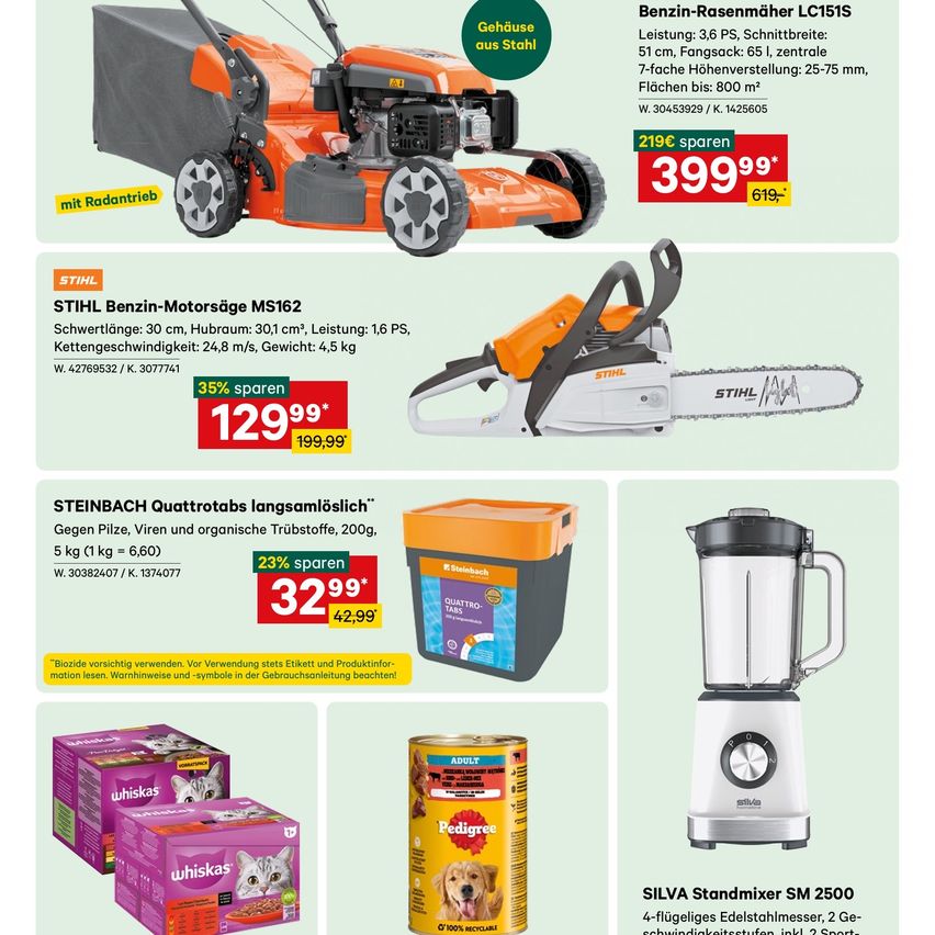 An advertisement for various products, including a gasoline lawn mower, a chainsaw, a blender, and cat and dog food. The lawn mower is orange with a cover, priced at 399.99. The chainsaw is orange and white, priced at 129.99. The blender is silver and black, priced at 32.99. Cat and dog food are in purple and yellow boxes, respectively.
