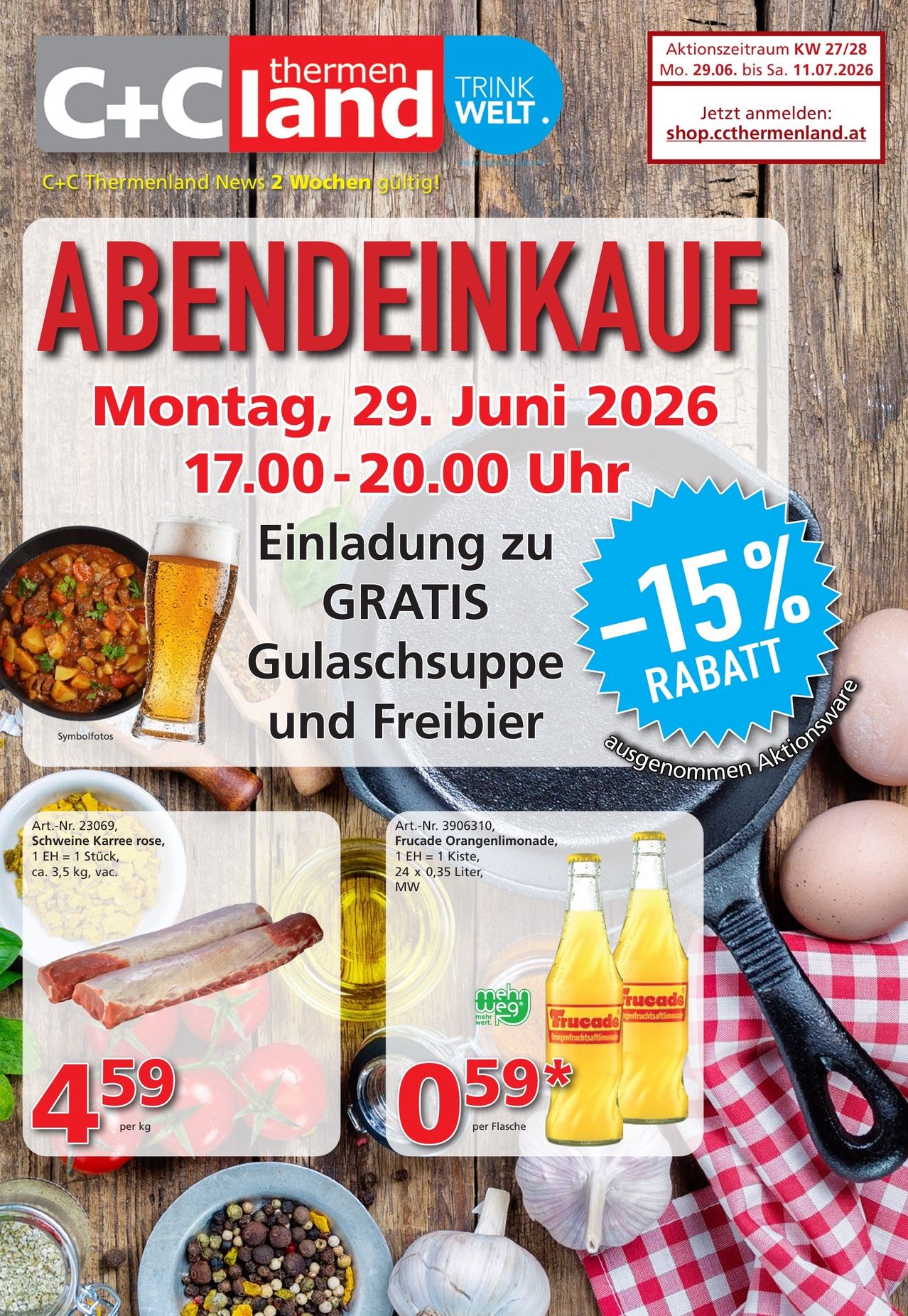 Ein Plakat für einen Abendverkauf mit Bildern von Essen und Getränken. Es steht 'ABENDEINKAUF' und beinhaltet ein Angebot mit kostenloser Suppe und Bier. Das Datum ist der 29. Juni 2026 von 17-20 Uhr.