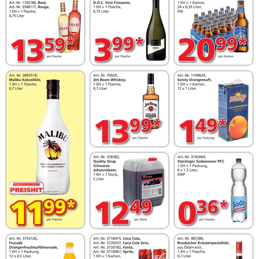 A flyer displays various drinks with prices. Malibu and Jim Beam Whiskey are priced at 13.99 per bottle, while rosé wine and orange juice are 11.99. Coca Cola, Fanta, and Sprite are 12.49 each. Soda and herbal drink are 14.99 and 0.36 per bottle.