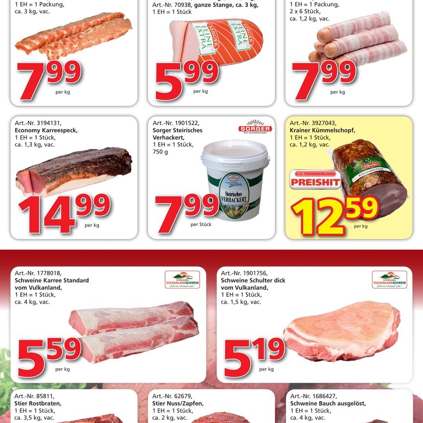 An advertisement for various pork products from a butcher shop, including Economy Karree, Sorger Steaks, and Kraner Kummelschof, all priced per kg. Each product has an article number, weight, and vacuum packaging details.