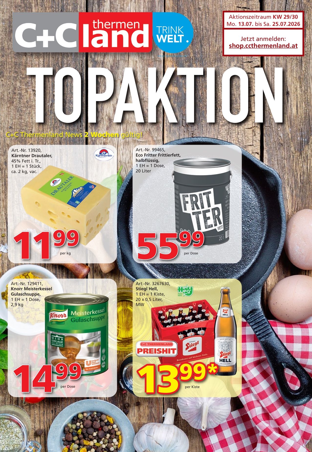 A flyer shows various products including cheese, Fritteier, and a soup. Prices are listed for each item with details about their contents and measurements.