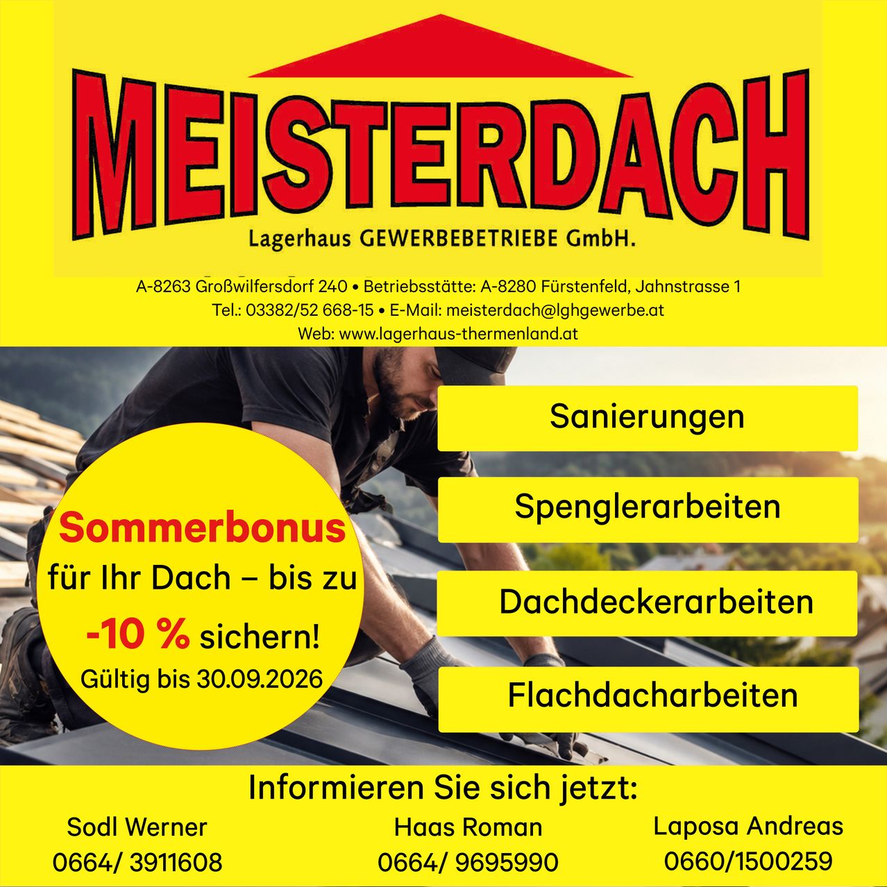 Advertisement for Meisterdach, a roofing company offering services like roofing repairs, slat works, roof decking, and flat roofing. It highlights a summer bonus discount of up to -10% and provides contact information. Valid until 30.09.2026.