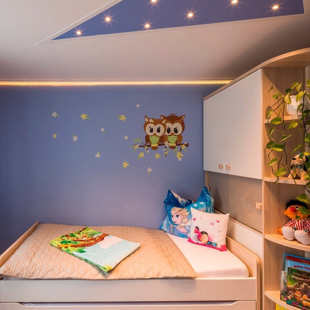 A child's bedroom with a bed, two owls on the wall, a bookshelf with books and toys, and a blue ceiling with lights.