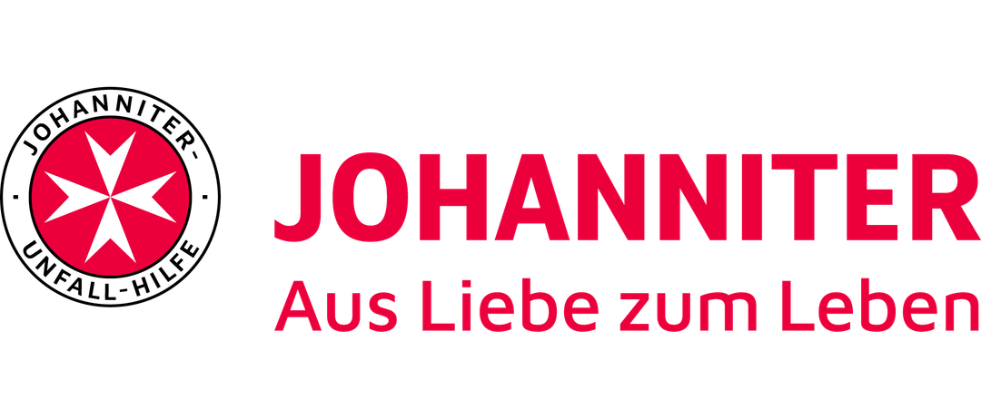 Das Johanniter-Logo mit einem roten Stern in einem Kreis und dem Text Johanniter, in weiß, und dem Text Aus Liebe zum Leben, in rot.