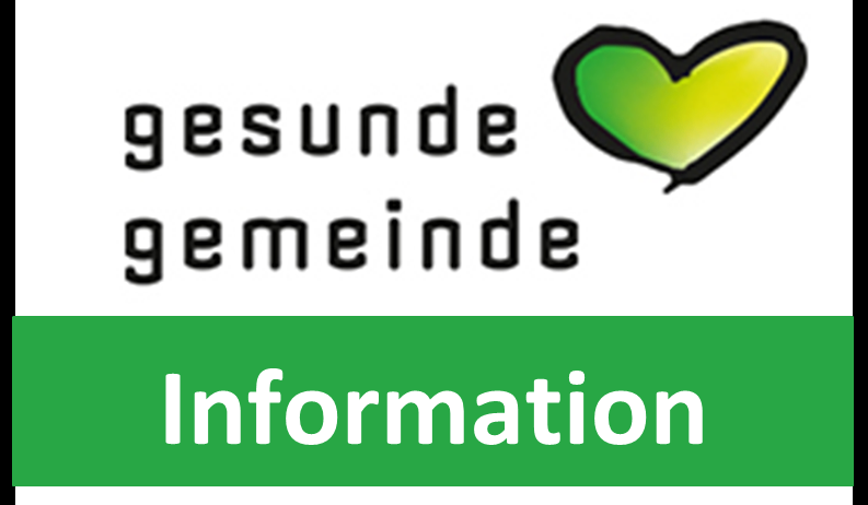 Ein Herz-Symbol mit den Worten 'gesunde gemeinschaft' und 'Information' darunter. Das Symbol ist grün und gelb.
