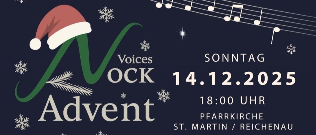 Werbeplakat für eine Weihnachtsveranstaltung. Es zeigt einen Baum aus Musiknoten mit Schneeflocken und einem Weihnachtshut. Die Veranstaltung heißt 'Stimmen der Adventszeit' und ist für den 14. Dezember 2025 um 18:00 Uhr in der St. Martin/Reichenau Kirche geplant.