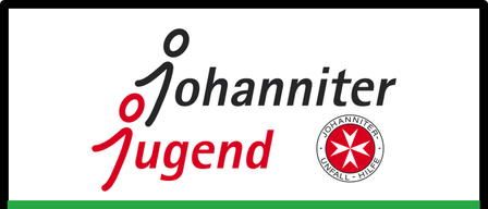 Ein Logo für Johanniter Jugend Veranstaltung, das ein rotes Kreuz mit Text und einem Emblem auf weißem Hintergrund zeigt.