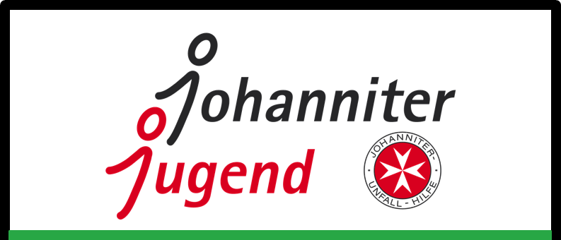 Ein Logo für Johanniter Jugend Veranstaltung, das ein rotes Kreuz mit Text und einem Emblem auf weißem Hintergrund zeigt.
