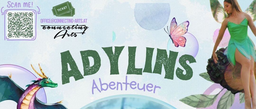 Plakat für Adylins Abenteuer mit einer Fee mit Flügeln, die auf einem Felsen sitzt, mit einem Drachen und Pflanzen im Hintergrund. Datum: 13.02.2026, Zeit: 15:30. Ort: Nockstadl-Reichenhau.