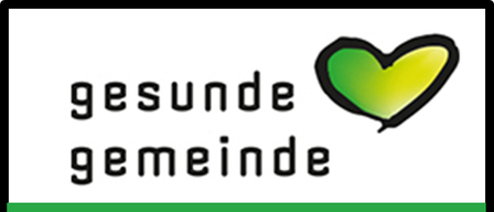 Ein grünes Herzsymbol über den Worten 'gesunde Gemeinschaft' mit 'Information' darunter in Weiß auf grünem Hintergrund.