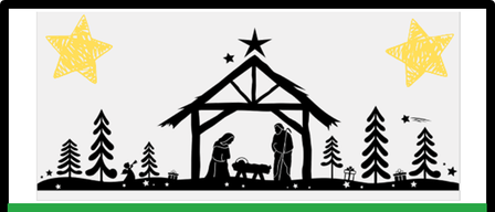 Eine Weihnachtsszene mit einem Stern über einer Krippe, umgeben von Bäumen und Sternen, mit dem Wort 'Veranstaltung' darunter.