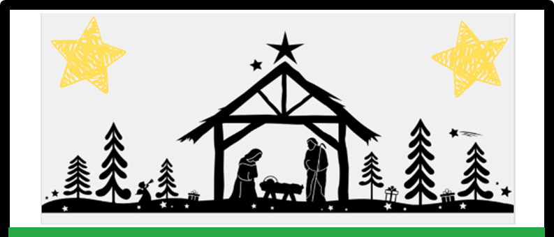 Eine Weihnachtsszene mit einem Stern über einer Krippe, umgeben von Bäumen und Sternen, mit dem Wort 'Veranstaltung' darunter.