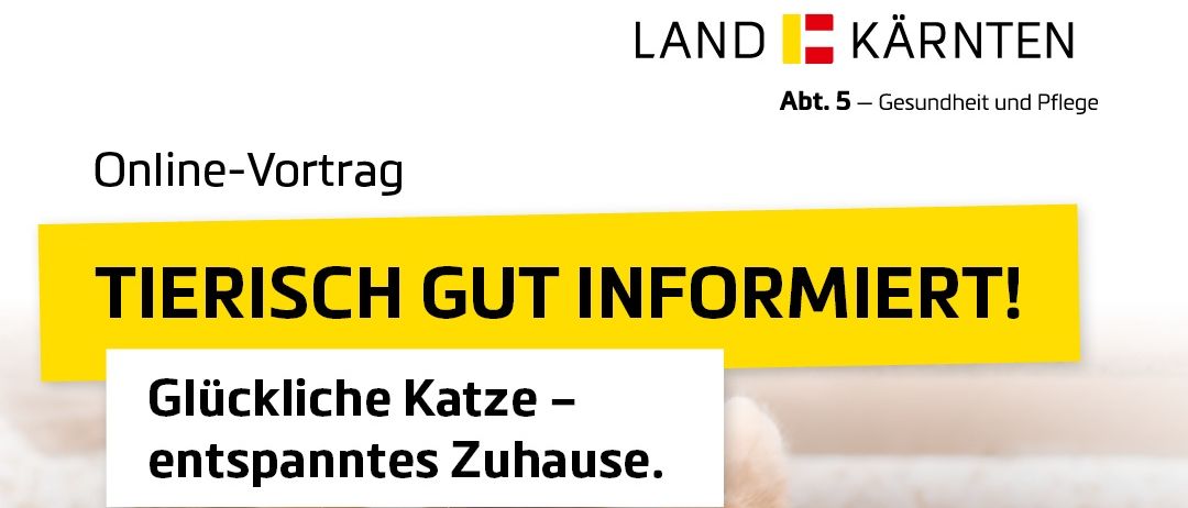 Ein Online-Präsentationsposter mit einem Katzenbild. Es steht 'Tierisch Gut Informiert!' mit 'Online-Vortrag'. Eine Katze liegt mit dem Text 'Glückliche Katze - entspanntes Zuhause'. Zusätzlicher Text beinhaltet 'Was du über Haltung und (Problem-)Verhalten wissen musst'. Die Veranstaltung wird von Daniela Ranftler am 21. Januar 2026 um 17:00 Uhr veranstaltet.