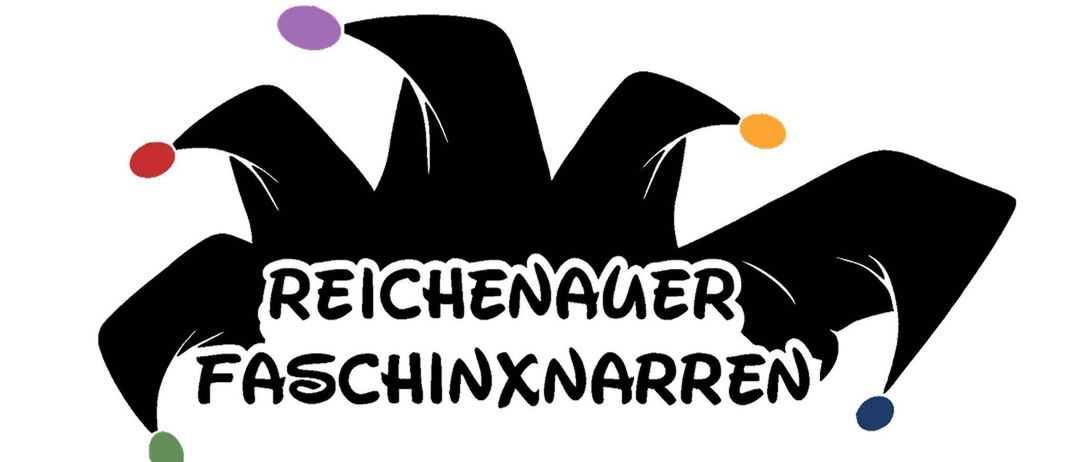 Ein Logo für Reichenau Faschingxnarren. Es zeigt einen Narrenhut mit mehrfarbigen Punkten und den Worten Reichenau Faschingxnarren in fetter Schrift.