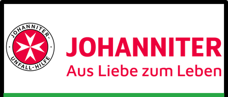 Johanniter Logo mit rotem Kreuz auf weißem Hintergrund. Der Text lautet Johanniter Aus Liebe zum Leben. Weißer Text Veranstaltung auf grünem Hintergrund.