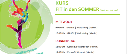 Poster advertising a fitness course. FIT in the SUMMER. Wednesdays and Thursdays, 9:00-19:00. Vital training.