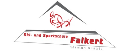 Das Logo der Ski- und Sportschule Falkert in Kärnten, Österreich, zeigt einen Skifahrer und einen Berg.