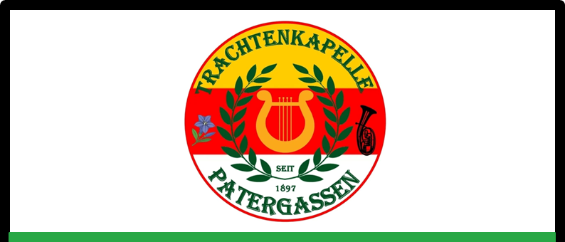 Ein Logo mit einem Kreis und Harfe, Trompete, Blättern und Blume. Die Wörter "Patergassen" und "1897" sind drinnen. Das Wort "Veranstaltung" ist in großen weißen Buchstaben.