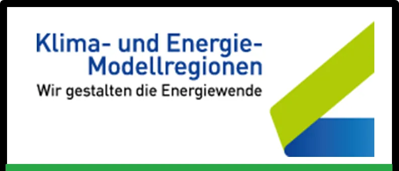 Logo für Klima- und Energie-Modellregionen. Text: Wir gestalten die Energiewende. Information.