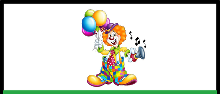 Ein bunter Clown, der Luftballons und ein Megaphon hält, mit musikalischen Noten im Hintergrund. Unter dem Bild steht das Wort 'Veranstaltung' in Weiß auf grünem Hintergrund.