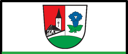 The image shows a coat of arms with a church and a blue flower on a green background. The word 'Gemeinderat' is written below the coat of arms.