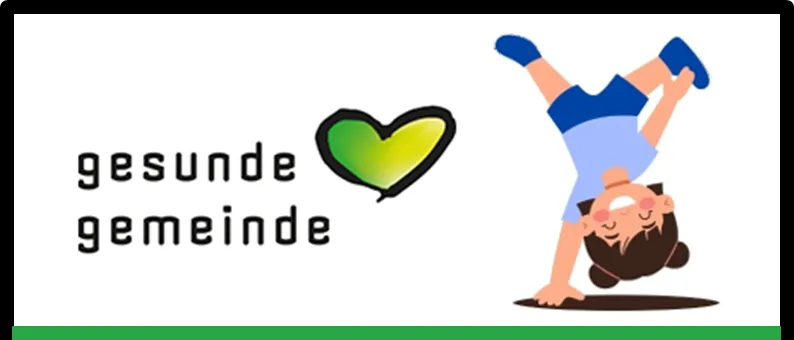 Ein Poster mit einem Kind, das einen Handstand macht, und dem Text 'Veranstaltung' in Weiß auf grünem Hintergrund. Darunter befindet sich ein grünes Herz mit den Worten 'gesunde gemeinde'.
