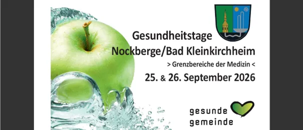 Plakat für Gesundheitsveranstaltungen in Nockberge/Bad Kleinkirchheim am 25. und 26. September 2026 mit einem Apfel und Wasserspritzer.