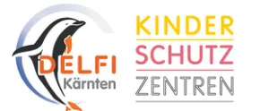 Logo mit einem stilisierten Pinguin mit orangefarbenen Akzenten und dem Text 'Delfi Kärnten' auf einem blauen Kreis, zusammen mit dem Text 'KINDER SCHUTZ ZENtren' in Gelb und Pink.