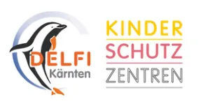 Das Logo zeigt einen stilisierten Pinguin mit rotem Schnabel und orangefarbenen Flossen, vor einem blauen Kreis mit dem Text 'Delfi' in weiß. Rechts davon steht der Text 'KINDER SCHUTZ ZENTRAN' in einer Mischung aus Gelb, Rosa und Rot.