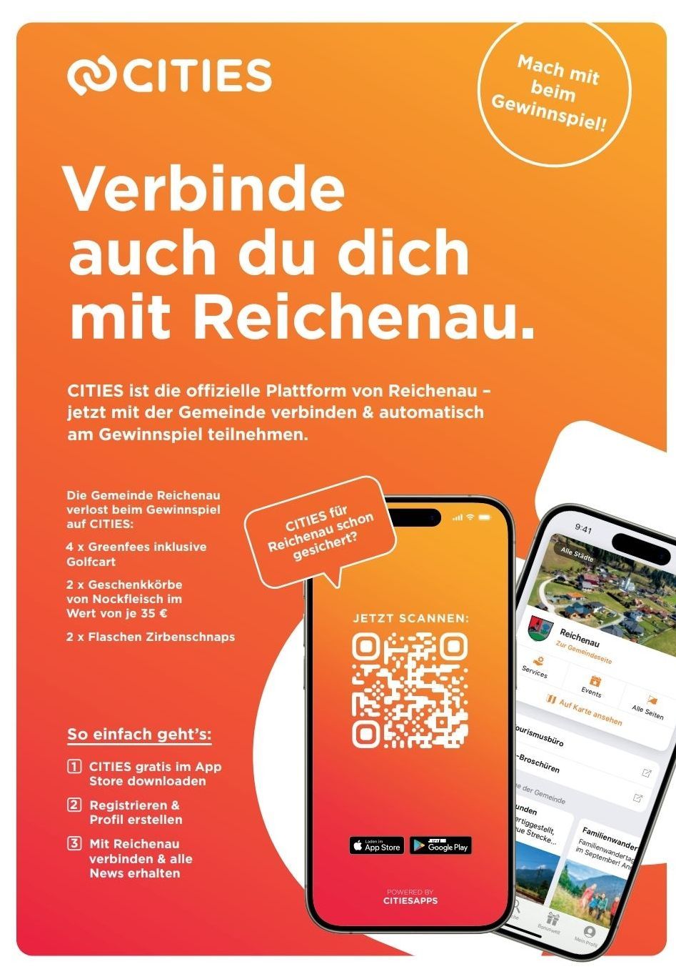 Plakat für die CITYES-Plattform von Reichenau. Es hebt Vorteile wie kostenlose Greenfees, Geschenkboxen und Weinflaschen hervor. Es weist Benutzer an, die App herunterzuladen, sich zu registrieren und ein Profil zu erstellen. Das Bild zeigt die App-Oberfläche mit einer Karte und verschiedenen Optionen.