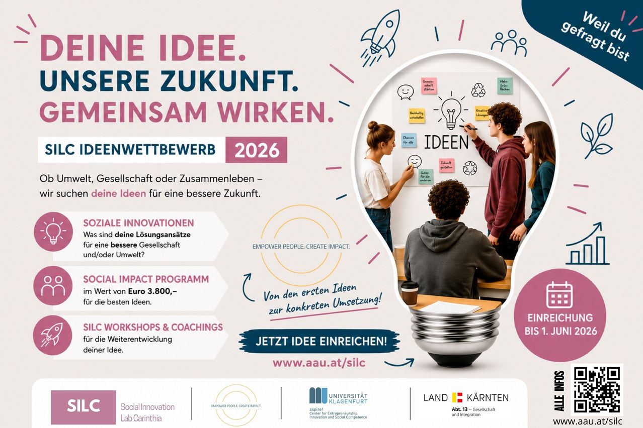 A poster shows a group of people brainstorming ideas on a whiteboard. The title is 'One Idea, Our Future, Working Together'. The poster emphasizes the importance of ideas and innovation. It invites participation and offers workshops and coaching for development.