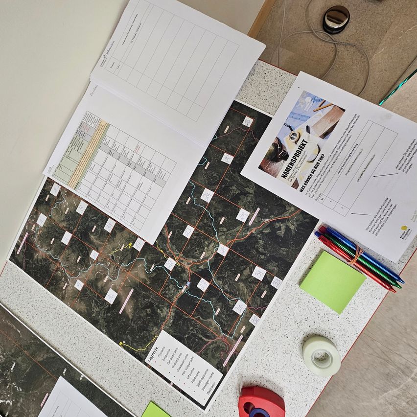 Ein Tisch mit einer großen Karte eines Flusssystems und mehreren Blättern mit handgeschriebenen Notizen und Diagrammen darauf. Mehrere farbige Stifte und ein Klebeband liegen auf dem Tisch.