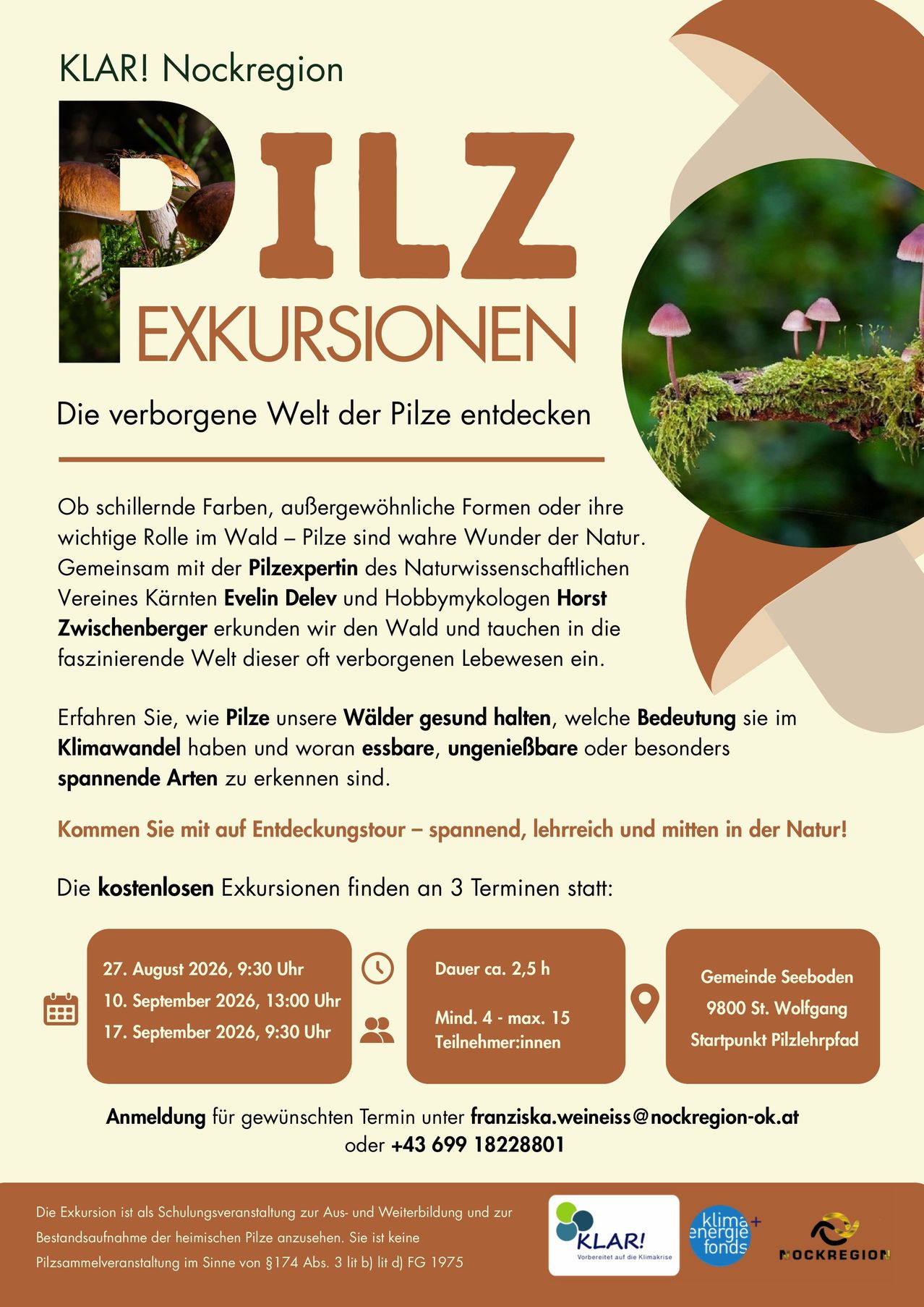 Plakat für Pilzexkursionen mit Terminen und Orten, mit einem Bild von Pilzen auf einem moosbedeckten Ast. Der Text betont die Entdeckung verborgener Pilzwelten und die Bedeutung von Pilzen in Wäldern.