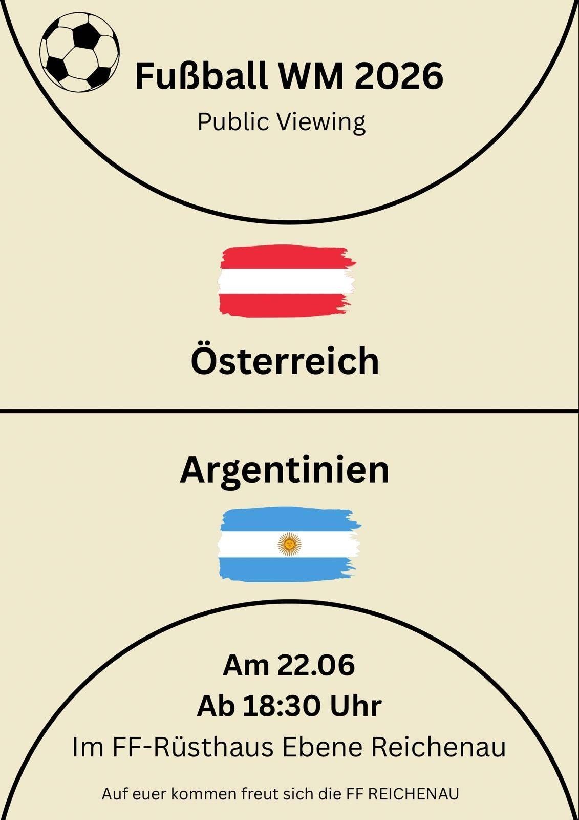 Öffentliche Übertragung des Fußballspiels zwischen Österreich und Argentinien am 22.06 um 22:00 Uhr.