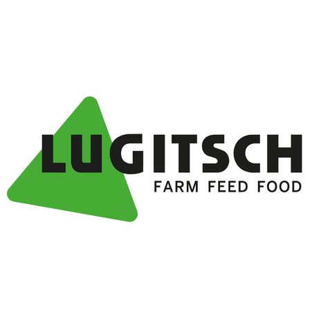 Das Lugitsch-Logo mit einem grünen Dreieck und schwarzem Text, steht für Lugitsch Farm Feed Food in großer Schrift.