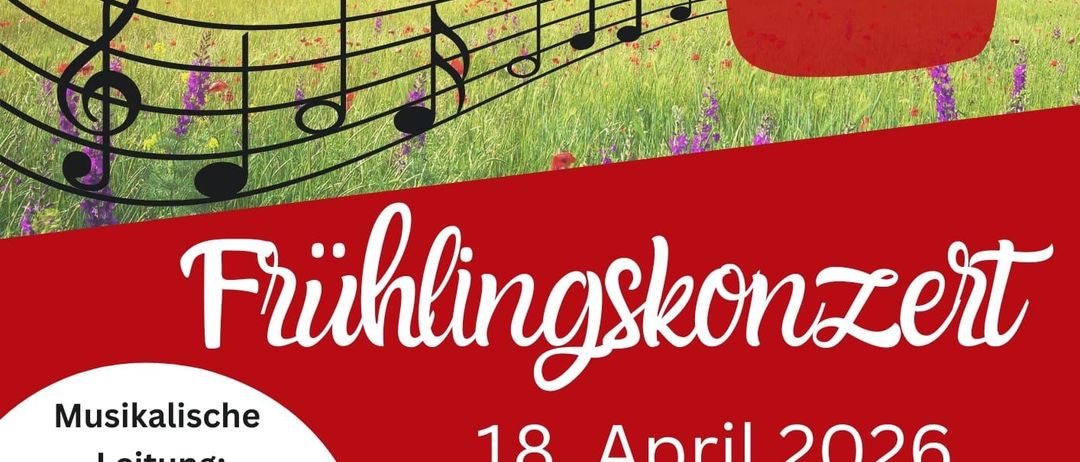 Ein Plakat für das Frühjahrskonzert des Musikvereins Rabenstein, mit musikalischen Noten, einem landschaftlichen Hintergrund und Informationen zum Event, einschließlich Datum, Uhrzeit und Moderatoren.