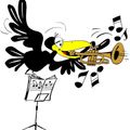Ein schwarzer Vogel mit gelbem Schnabel fliegt und spielt Trompete. Musiknoten schweben um den Vogel. Der Vogel steht auf einem Notenständer mit einem offenen Buch voller Musiknoten.