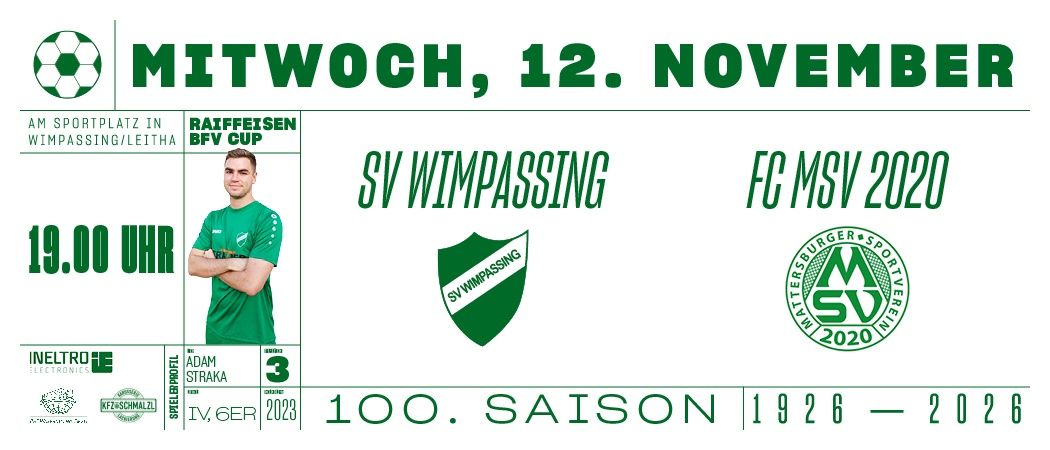 Poster for a soccer match between SV Wimpassing and FC MSV 2020 on Wednesday, November 12. Features a player's profile and logos.